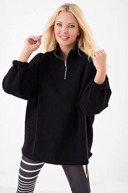 Siyah Dik Yaka Fermuarli Sweatshirt