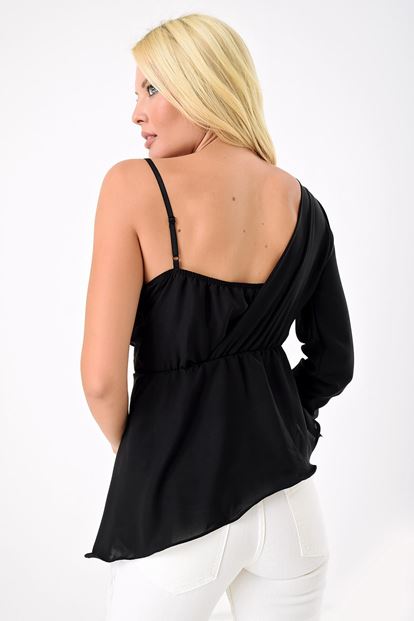 Black Lacy Single Shoulder Double-Breasteded Blouse