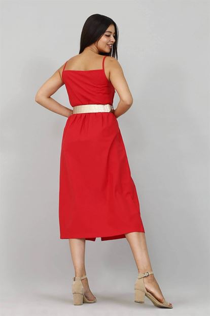 Kırmızı Askılı Kemerli Elbise