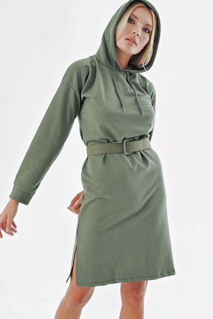 Yeşil Kemer Detayli Kapüsonlu Sweat Elbise