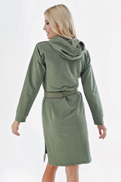 Hooded Sweater Dresses Green Belt Detail