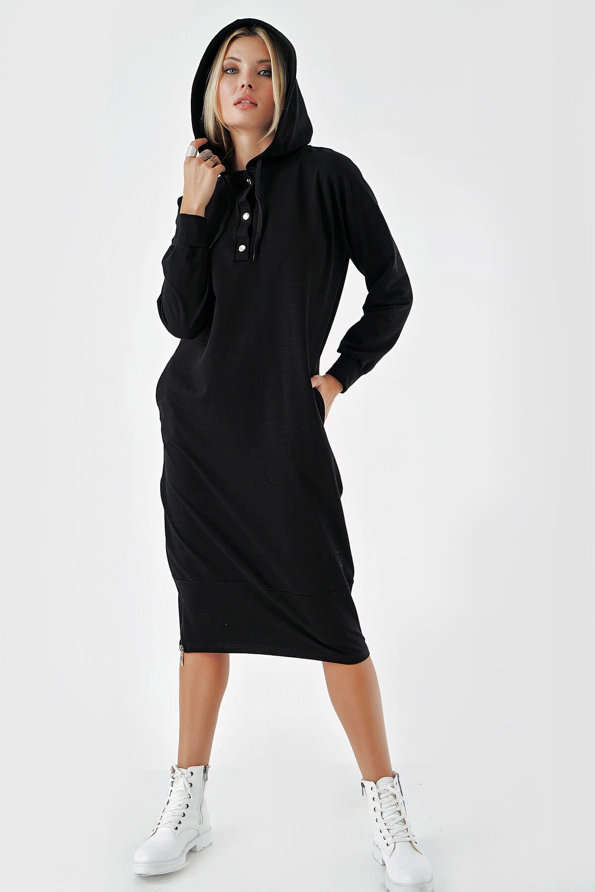 Black Sides Zippered Hooded Sweat Dress