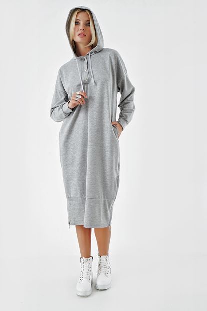 Gray Side Zipper Hooded Sweater Dresses
