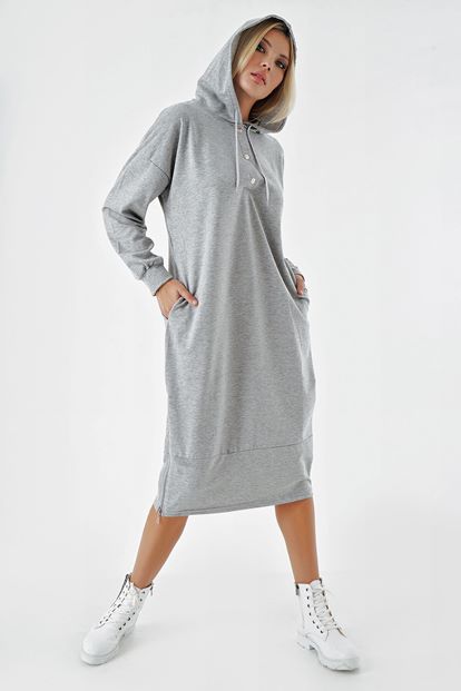 Gray Side Zipper Hooded Sweater Dresses