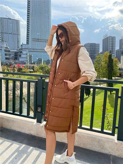 Kahverengi Kapüsonlu Sisme Yelek