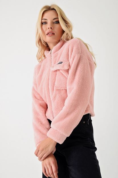 Pembe Fermuarli Cep Detayli Pelus Ceket
