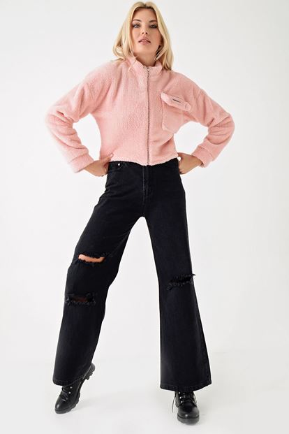 Pembe Fermuarli Cep Detayli Pelus Ceket