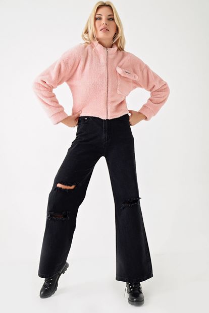 Pembe Fermuarli Cep Detayli Pelus Ceket