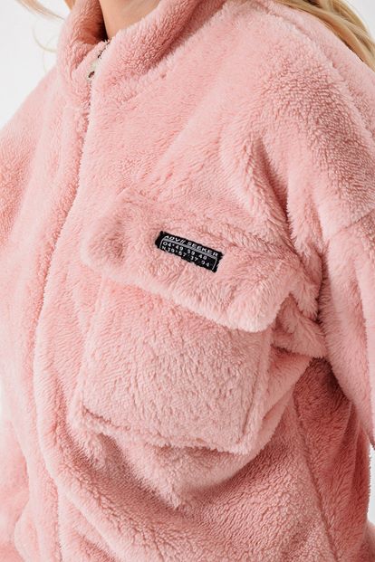 Pembe Fermuarli Cep Detayli Pelus Ceket