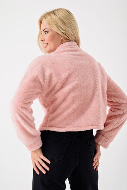 Pembe Fermuarli Cep Detayli Pelus Ceket