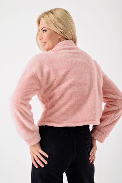 Pembe Fermuarli Cep Detayli Pelus Ceket