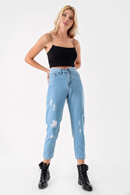 Mavi Yırtık Detayli Mom Jean Pantolon