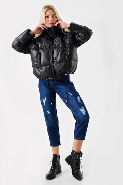 Siyah Suni Deri Şişme Mont