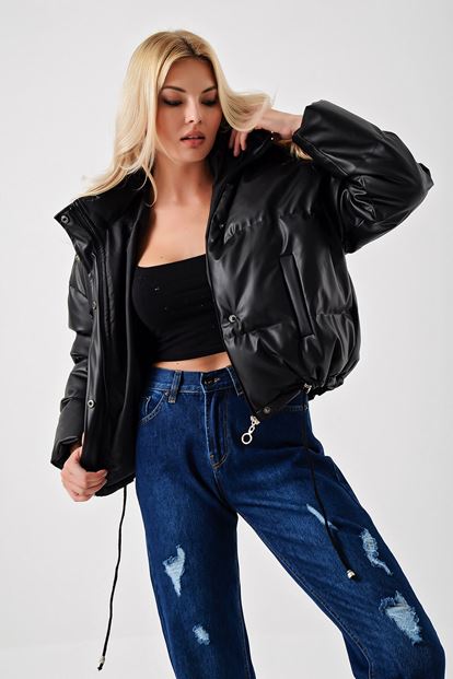 Siyah Suni Deri Şişme Mont