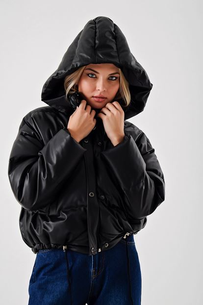 Siyah Suni Deri Şişme Mont