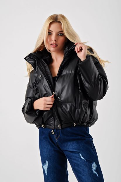 Siyah Suni Deri Şişme Mont