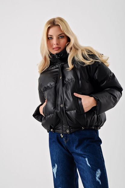 Siyah Suni Deri Şişme Mont