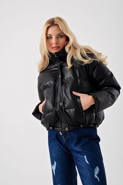 Siyah Suni Deri Şişme Mont