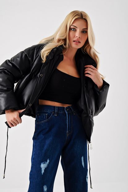 Siyah Suni Deri Şişme Mont