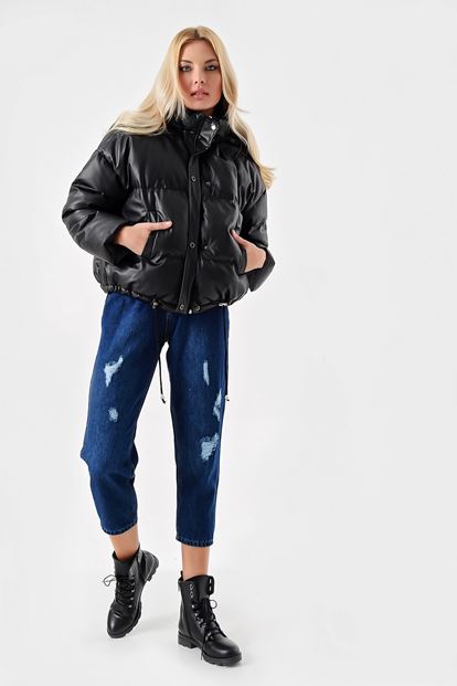 Siyah Suni Deri Şişme Mont