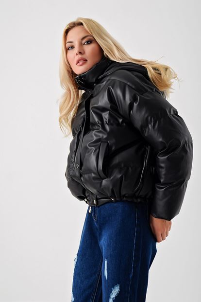 Siyah Suni Deri Şişme Mont