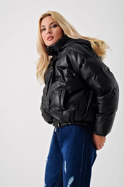 Siyah Suni Deri Şişme Mont