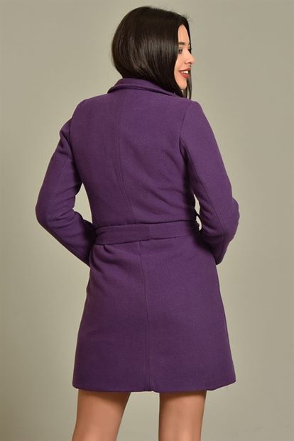 Mor Tek Düğmeli Kuşaklı Kaşe Kaban