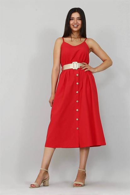 Kırmızı Askılı Kemerli Elbise