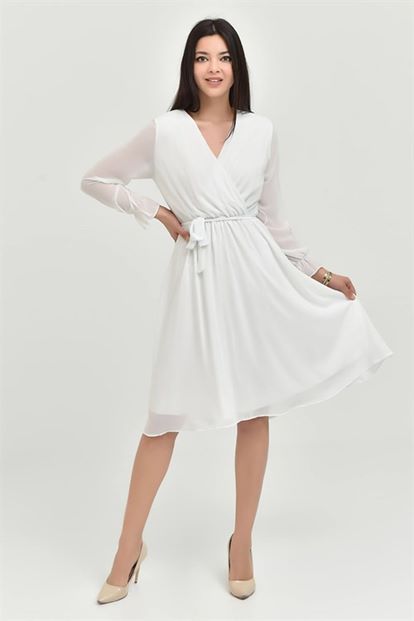 Midi Length White Chiffon Dress