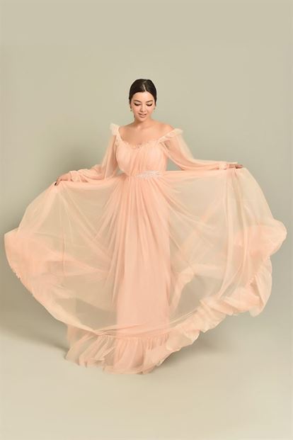 Pudra Kollari Tül Abiye Elbise