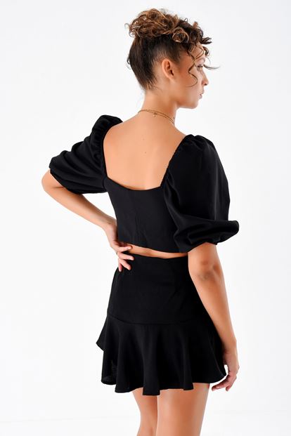 Siyah Önden Bagcikli Crop Bluz