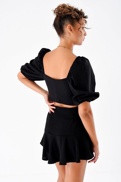 Siyah Önden Bagcikli Crop Bluz