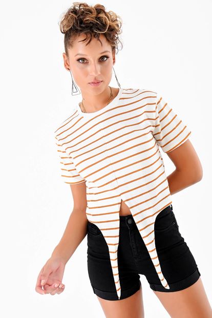 White Brown Striped Lace Front T-Shirts