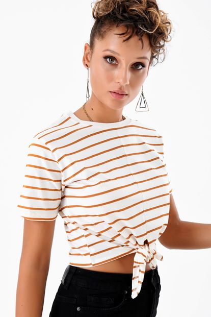 White Brown Striped Lace Front T-Shirts