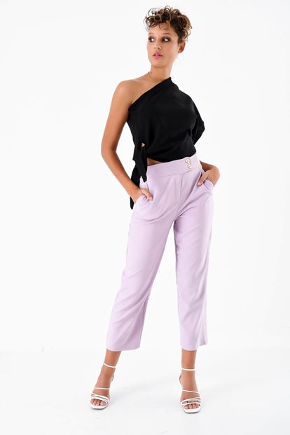 Lila Düğmeli Kumas Pantolon