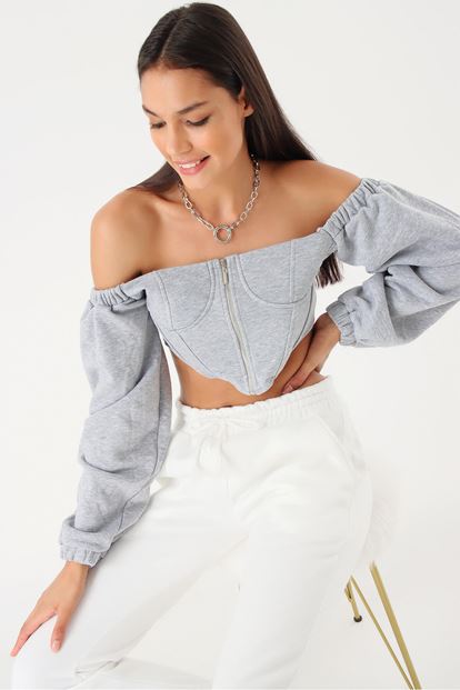 Gri Fermuarli Crop Bluz