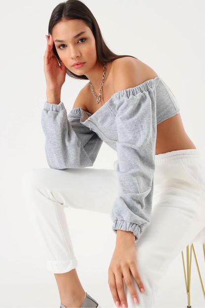 Gri Fermuarli Crop Bluz