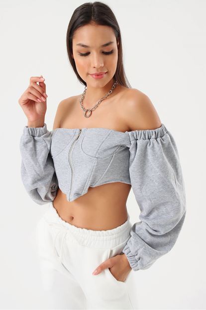 Gri Fermuarli Crop Bluz