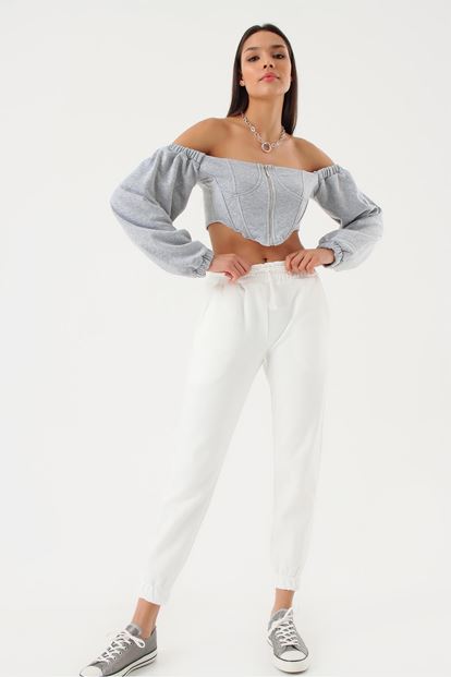 Gri Fermuarli Crop Bluz
