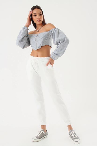 Gri Fermuarli Crop Bluz