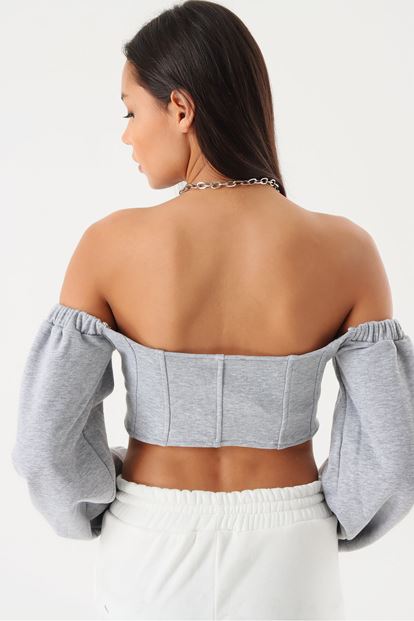 Gri Fermuarli Crop Bluz