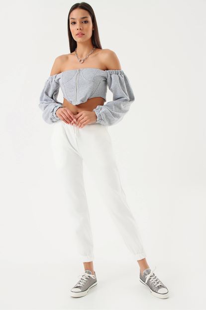 Gri Fermuarli Crop Bluz