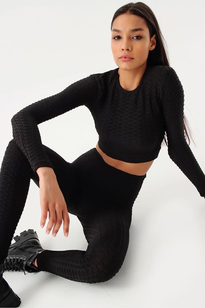 Siyah Streç Crop Tayt Takım