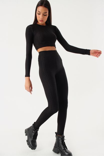 Siyah Streç Crop Tayt Takım