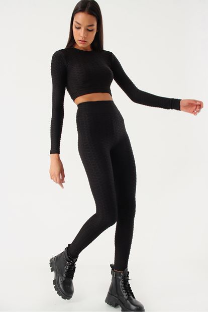 Siyah Streç Crop Tayt Takım