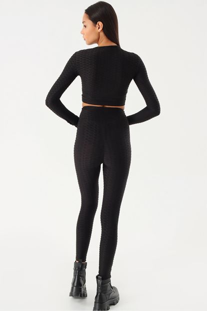Siyah Streç Crop Tayt Takım