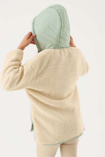 Krem Kapüsonlu Pelus Mont