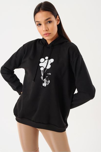 Black Hooded Sweatshirt bias Printed Balloon