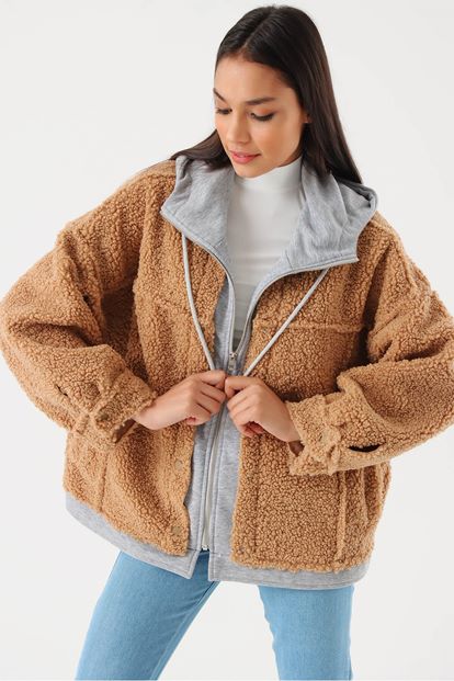 Brown Hooded Fleece Outerwear