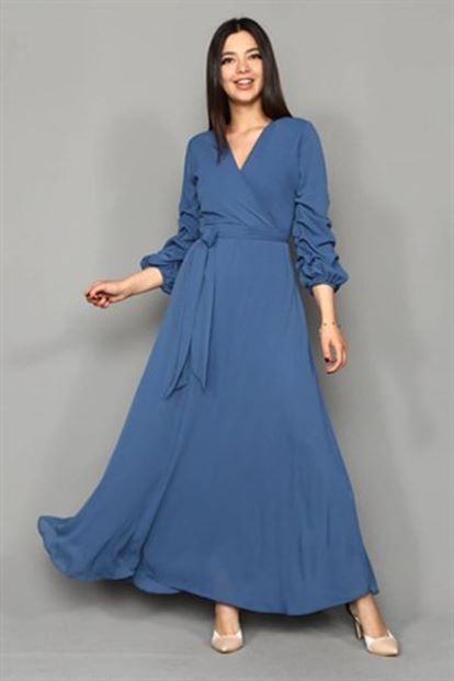 Mavi Kollari Büzgülü Uzun Şifon Elbise